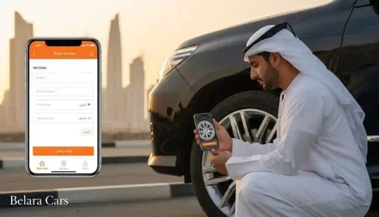 رجل يستخدم حاسبة مقاسات الجنوط وفرق الأوفست من بيلارا كارز على هاتفه المحمول بجانب سيارة دفع رباعي سوداء