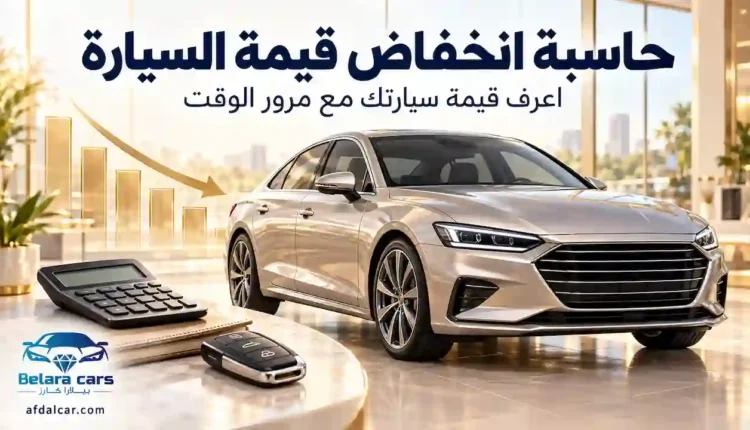 سيارة فضية بجانب آلة حاسبة ومخطط تنازلي يرمز لانخفاض قيمة السيارة بمرور الوقت، مع شعار بيلارا كارز.