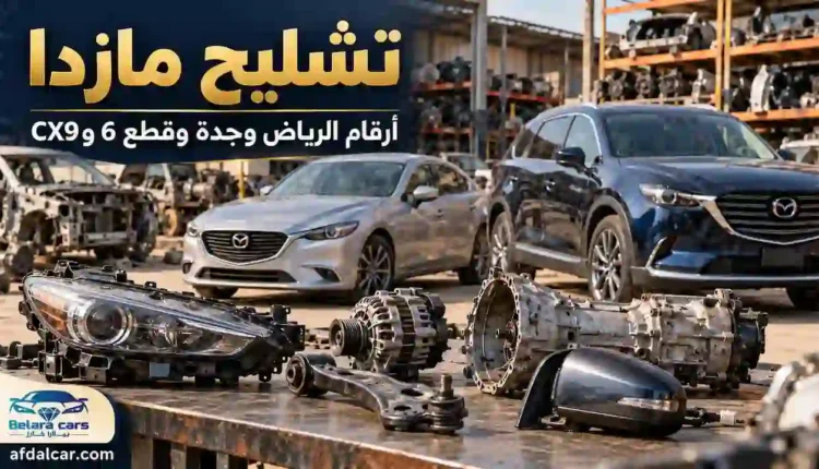مازدا 6 وCX9 في ساحة تشليح، وأمامهما شمعة ودينمو وقير ومرآة جانبية وقطع غيار مستعملة.